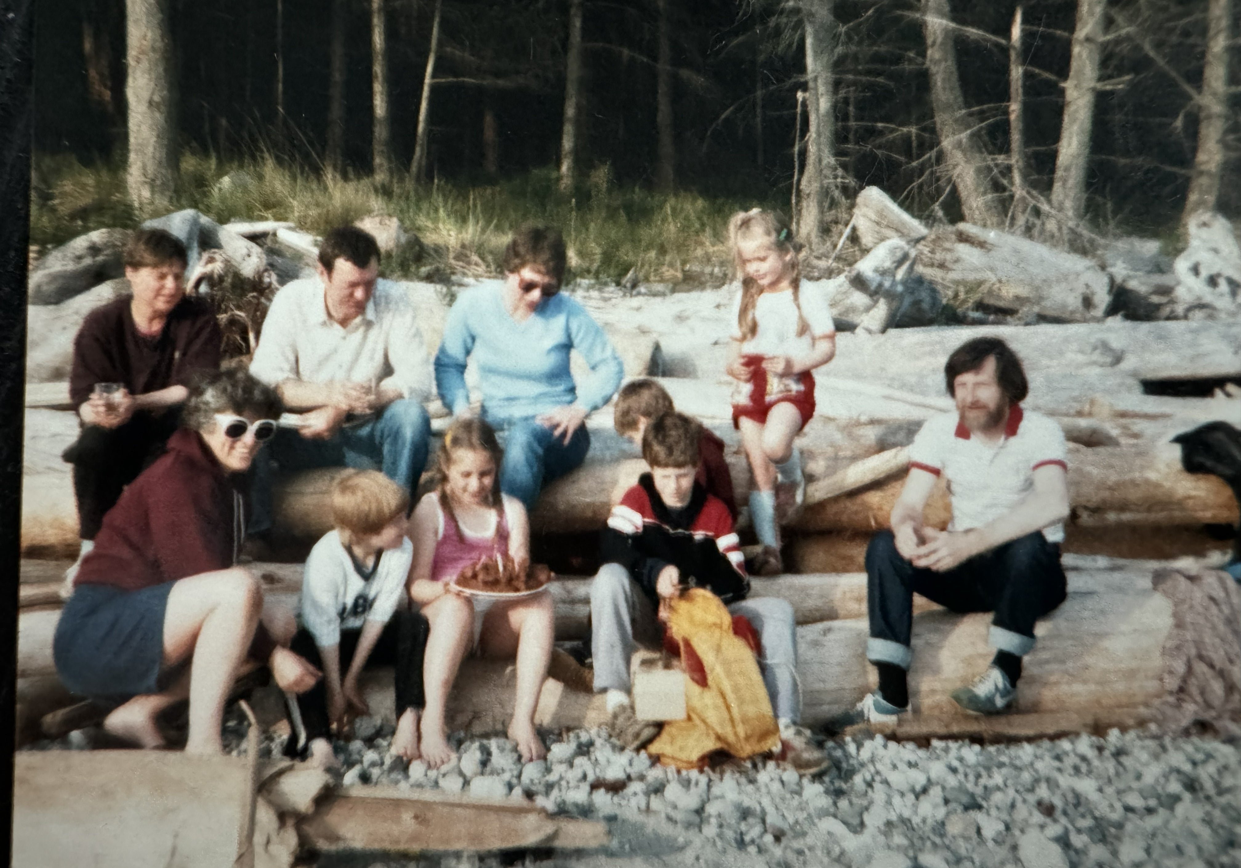 Vintage family photo of adults and children sitting on driftwood logs at a beach picnic