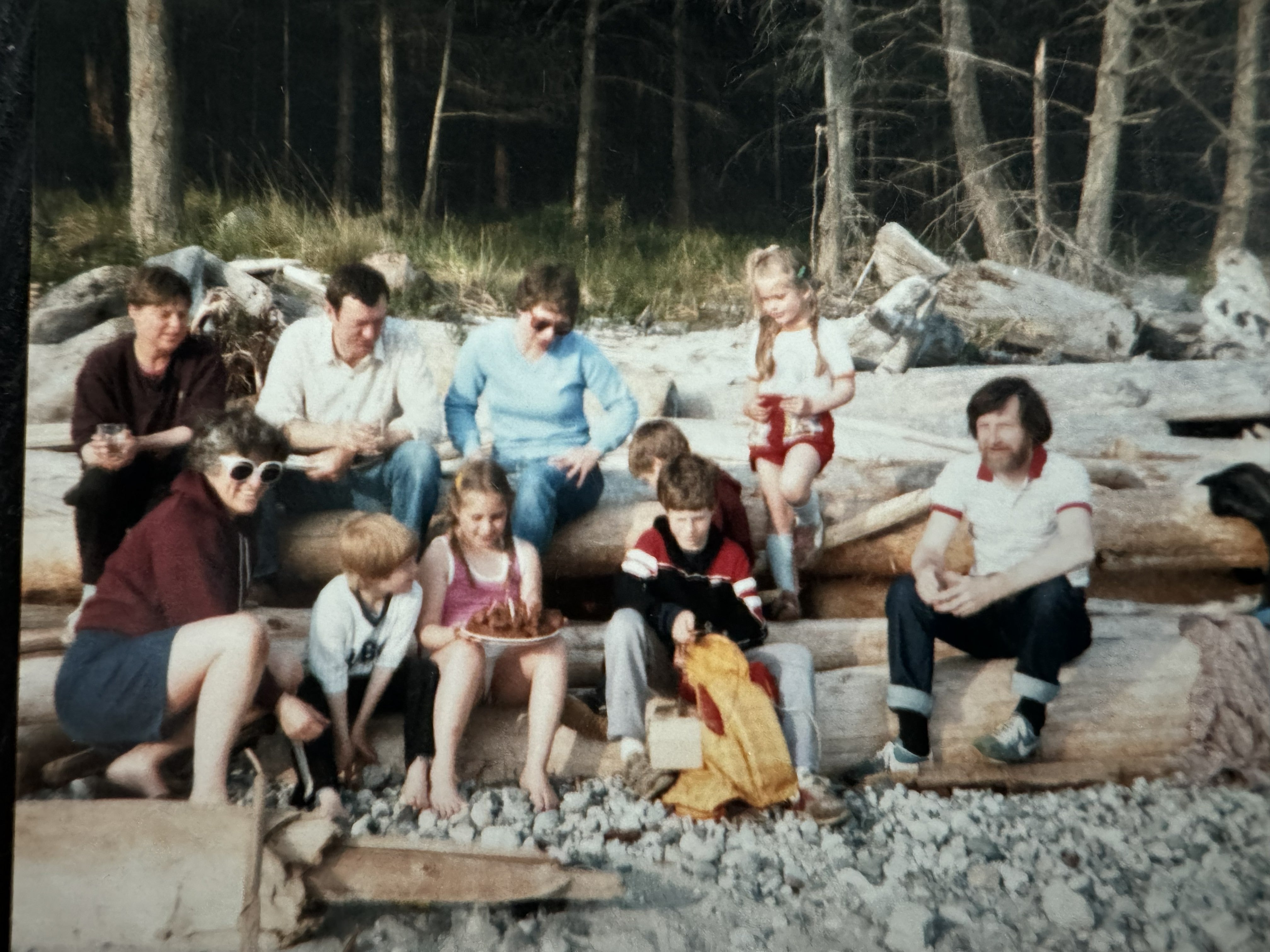 Vintage family photo of adults and children sitting on driftwood logs at a beach picnic